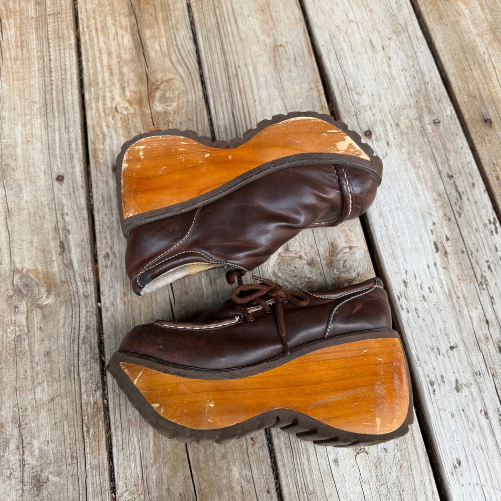 Vtg Bakers Platform Oxford Shoes Womens 7.5/8 Brown Chunky Wood Wedge Y2K 90s - Picture 2 of 10